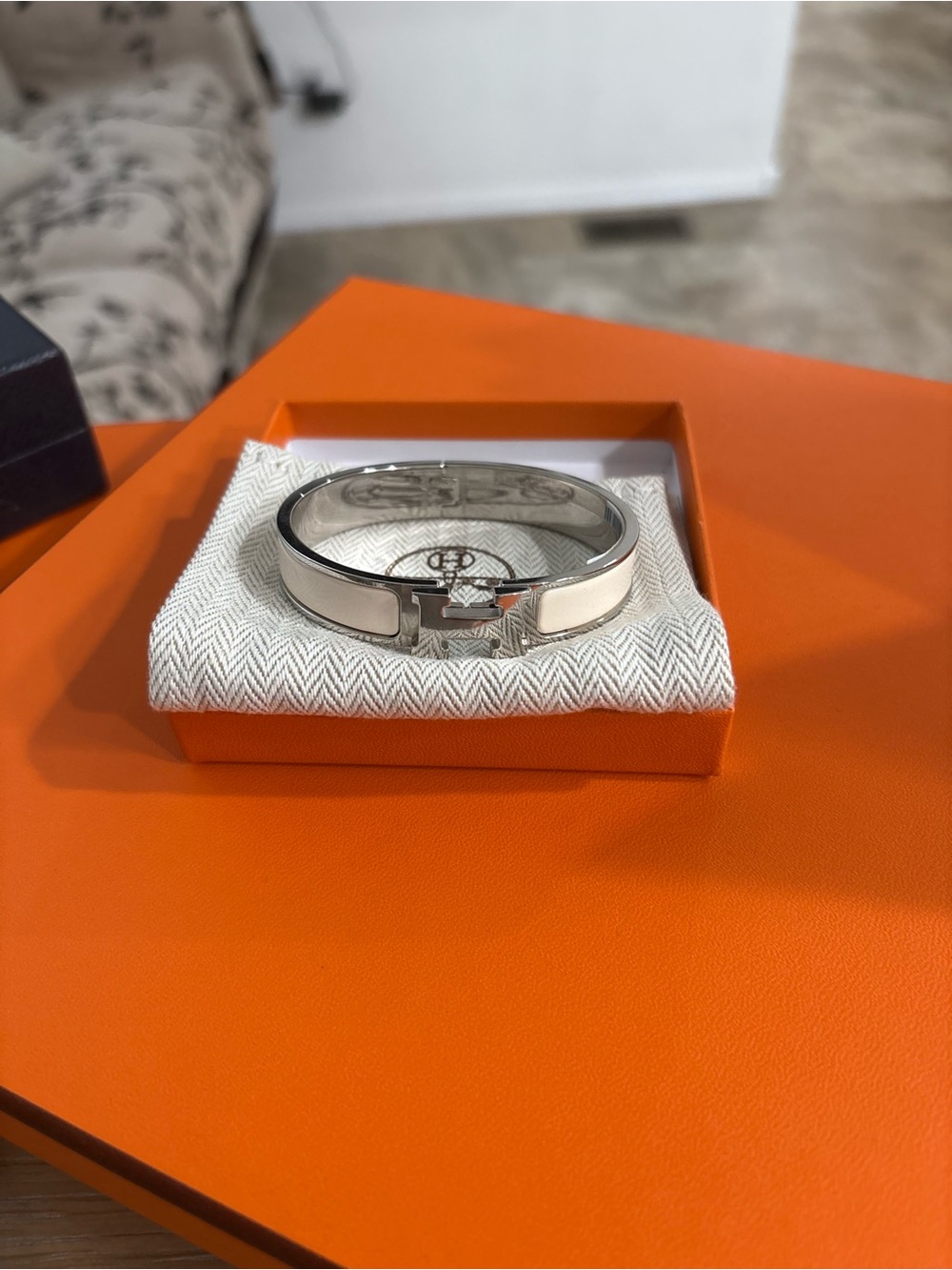 Hermes Silver-Tone Enamel Clic H Bracelet with White Panels